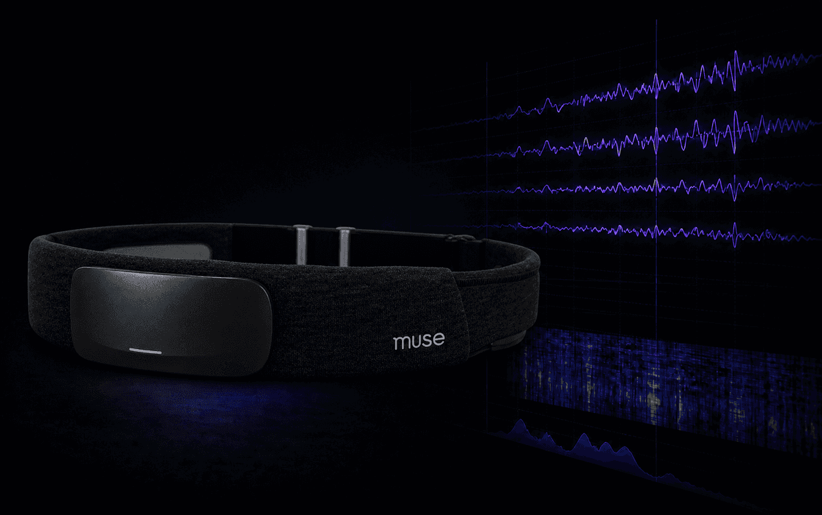 Concept illustration of a Muse S Athena fabric headband beside four EEG traces and a spectrogram