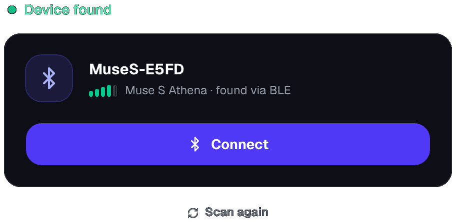 Muse S found over Bluetooth, ready to connect